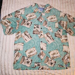Bermuda Bay Mens Hawaiian Shirt Aloha Teal Brown 100% Silk XL